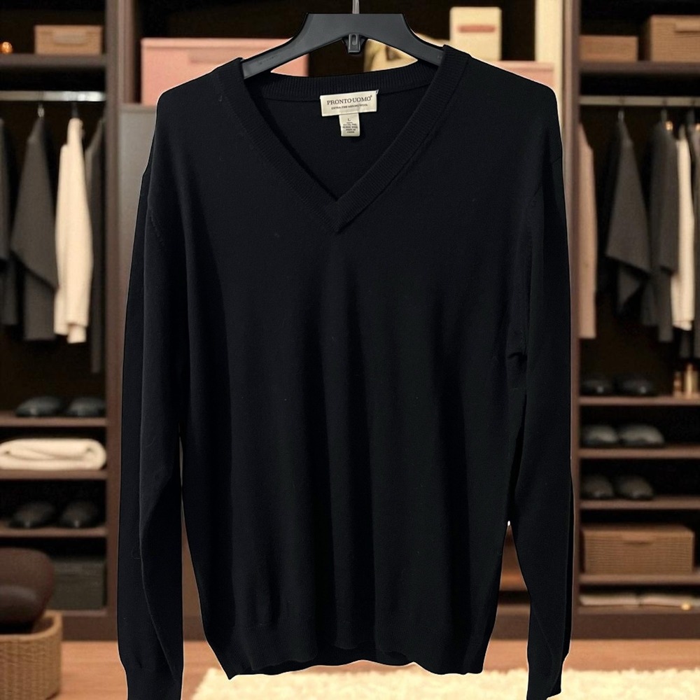 Pronto Uomo Extra Fine Merino Wool V-Neck Sweater Mens Large Black